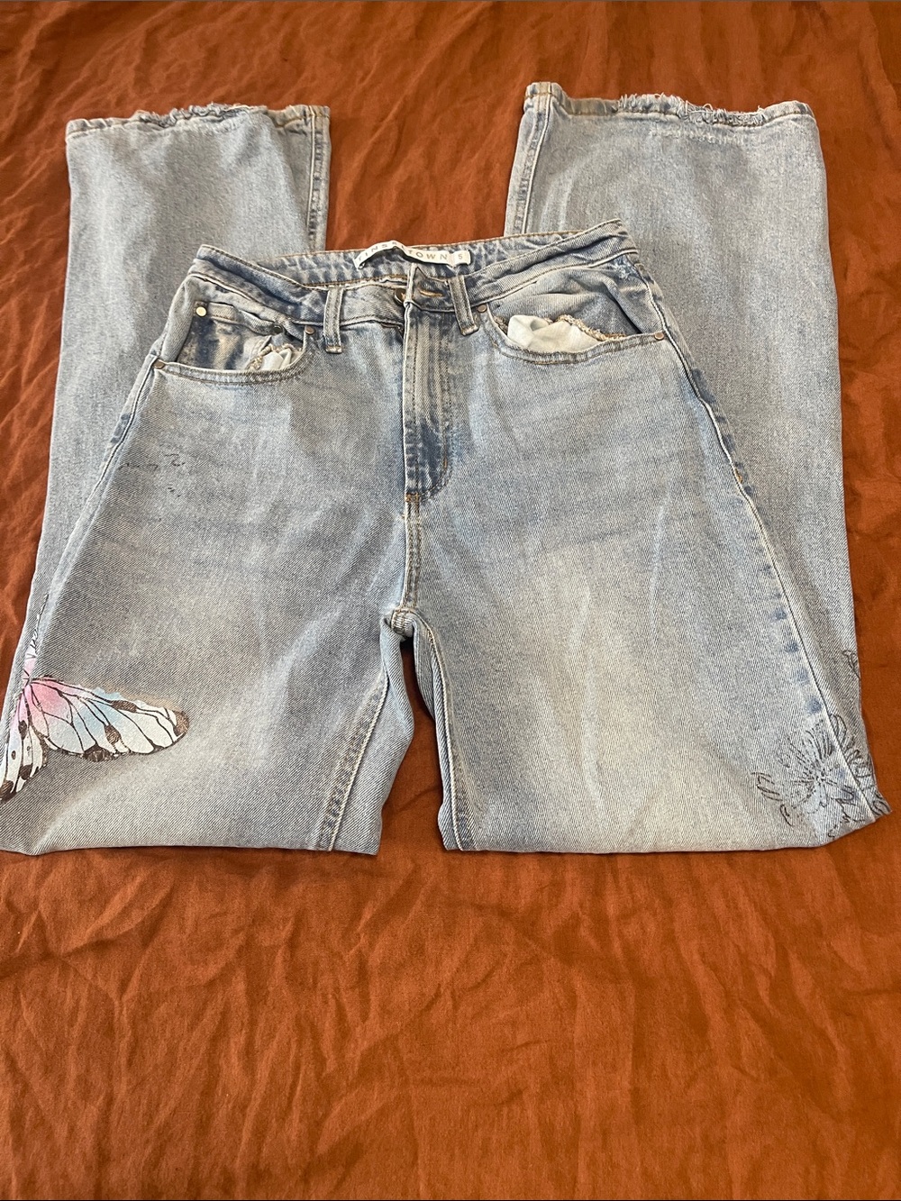 Tinseltown Light Blue Straight Leg Jeans with Butterfly Accent